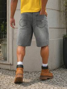 Manfinity EZcore Men Plus Size Grey Casual Wide Leg Denim Shorts, Versatile Knee Length Inseam - Light Grey - View 2