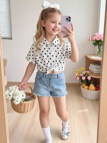 SHEIN Genkimix Kids 女童度假休閒百搭圓點印花寬鬆短袖襯衫，假期、夏季、旅行圓點襯衫，女童襯衫，兒童短款鈕扣襯衫，夏季女童襯衫，漂亮襯衫，可愛女童上衣，兒童襯衫 - 白色 - 查看 8