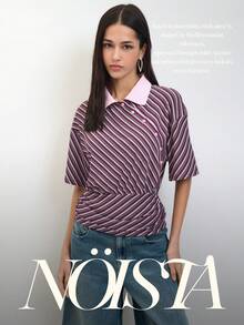 Nöista 條紋修身 Polo 衫，彈性面料，輕盈舒適，活力休閒，隨性氛圍，春夏款 - 紫色 - 查看 12