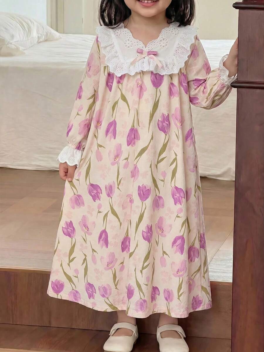 少女寬鬆休閒蕾絲拼接碎花居家服 - 白色 - 查看 1