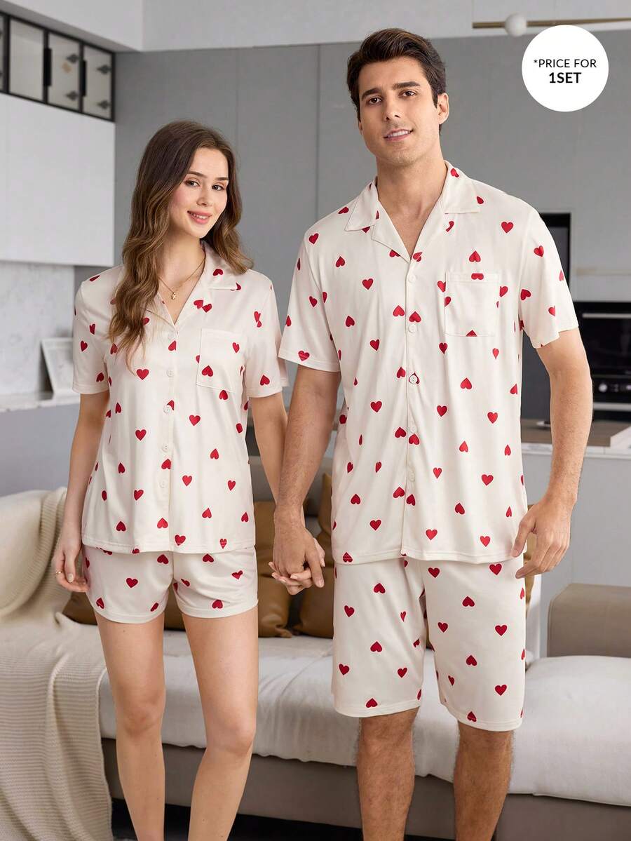 CoupledUp 男士休閒愛心印花開襟翻領口袋短袖短褲家居服套裝 - 米色 - 查看 1