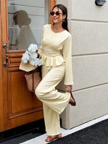 Serisse Women's Elegant Romantic Pale Yellow Pleated Ruffles Long Sleeve Top And Pants Casual Daily 2 Pieces Set Afternoon Tea Back To School Work - Light Yellow - View 7