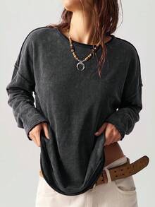 Bohemela Women's Back Patchwork Butterfly Embroidered Mesh Drop Shoulder Long Sleeve Casual Loose T-Shirt - Black - View 4