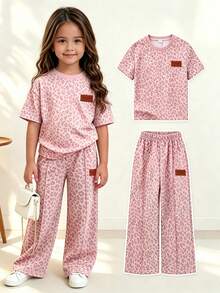 Elladie kids 女童休閒寬鬆落肩豹紋中袖衛衣與運動褲兩件套返校套裝，適合休閒、日常穿著及秋冬學校日常穿著，適用於聖誕節、女童冬季服飾、聖誕套裝、派對穿著、日常穿著、學校日常套裝、生日套裝、公主套裝、母女與姐妹搭配，灰色適合小男孩，青少年休閒套裝，青少年兒童休閒穿著 - 粉色 - 查看 2