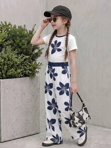 SHEIN Tween Girls 2pcs/Set Casual Comfortable Fashion Round Neck Short Sleeve Top With Elastic Waist Loose Straight Leg Pants Floral Print Versatile - Multicolor - View 7