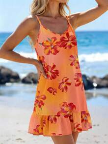 SHEIN LUNE 女款印花迷你荷葉邊下擺細肩帶洋裝 - 彩色 - 查看 3