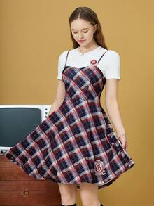 HARRY POTTER X SHEIN Summer  Hogwarts Preppy Style T-Shirt And Gryffindor Plaid  Slip Set - White - View 5