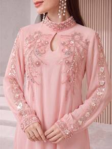 SHEIN Najma 优雅蕾丝边饰串珠装饰女式连衣裙 - 淺粉色 - 查看 5