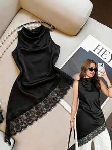 Comfylo Plus Size Women's Cowl Neck Lace Patchwork Asymmetrical Hem Elegant Sleeveless Top - Black - View 1