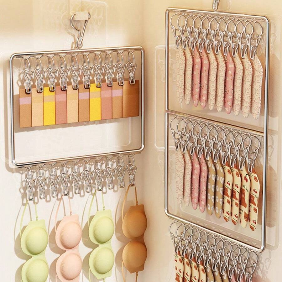 Stainless Steel Sock Drying Rack With Multiple Clips, Household Underwear And Hat Organizer, Wind-Proof And Sun-Resistant Laundry Hanger For Balcony. - Multicolor - View 1