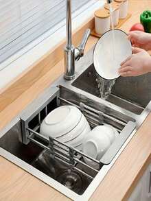 Escurridor ajustable de acero inoxidable retráctil, estante de almacenamiento para fregadero sin perforaciones, escurridor ahorrador de espacio, diseño a rayas, adecuado para fregaderos y encimeras, almacenamiento de cocina moderno, estante de almacenamiento multifuncional - Multicolor - Ver 3