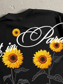 Manfinity ZONE917 Boxy Cropped Street Sunflower Graphic Print Loose Black Short Sleeve T-Shirt, Suitable For Spring/Summer, Gift For Friends Gathering And Spring Outing - Black - View 2