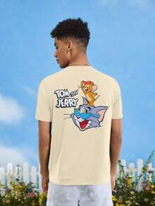 TOM & JERRY X SHEIN 夏季男士1件休閒印花短袖T恤，圖案為卡通與文字 - 黃色 - 查看 3