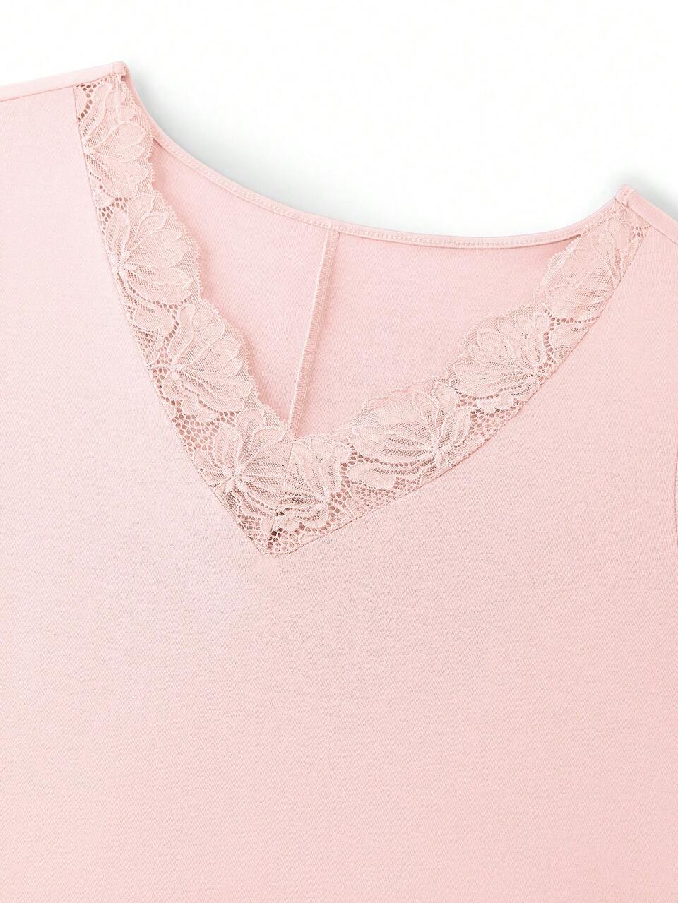V-Neck Lace Trim Long Sleeve Nightgown