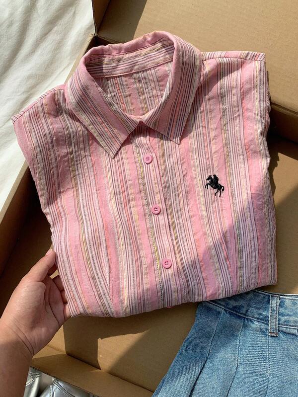 Comfortcana Women's New Embroidered Striped Fitted Long Sleeve Blouse Casual Blouses 2000s Style Office Outfits For Women Country Cute Tops Basic Blouses Going Ou