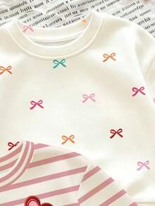 (Patrón aleatorio, 1 pieza aleatoria) Sudadera básica de cuello redondo con rayas coloridas, flores y lazo para niñas pequeñas, moda fresca, otoño/invierno - Multicolor - Ver 5