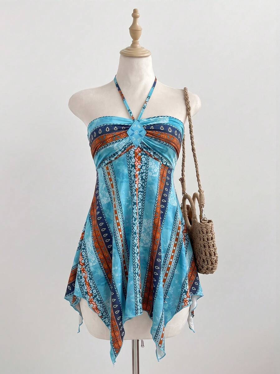 Elamini Vestido de vacaciones con estampado multicolor de moda para mujer - Multicolor - Ver 1