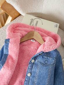 SHEIN Baby Girl Woven Colorblock Faux Fur Collar Hooded Casual Jacket - Multicolor - View 3