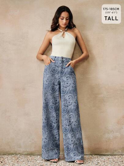 Anewsta Tall Women's Fashion Jacquard Fabric Vacation Style Streetwear Boho Navy Blue Floral Jeans Tall Everyday Going Out Summer