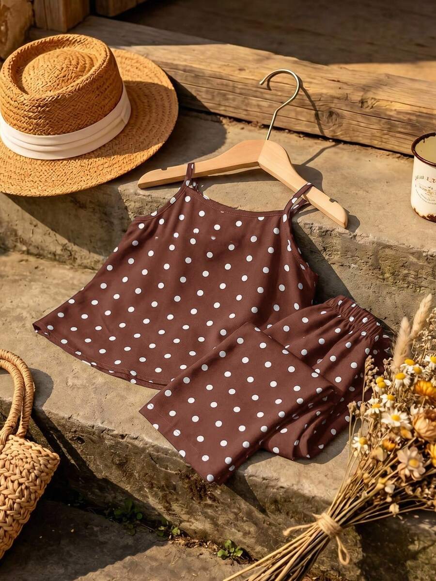 SHEIN Young Girl Woven Polka Dot Camisole Top And Long Pants 2 Pieces Set - Rust Brown - View 1