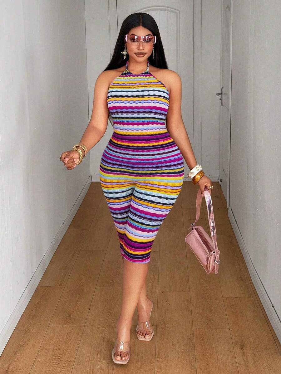 Maweii 2025 New Colorful Striped Skinny Jumpsuit, Plus Size High Elasticity - Multicolor - View 1