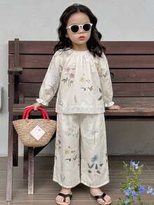 Dazy Kids 女童秋季圓領滿版印花無袖上衣＋長褲 梭織春夏兩件套 - 米色 - 查看 5