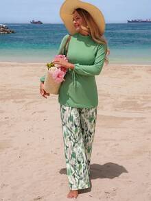 Swim Mulvari 26SS Spring/Summer Vacation Elegant Modest Conservative Sage Green White Swimsuit Burkini 2 Pieces Set Beach - Multicolor - View 3