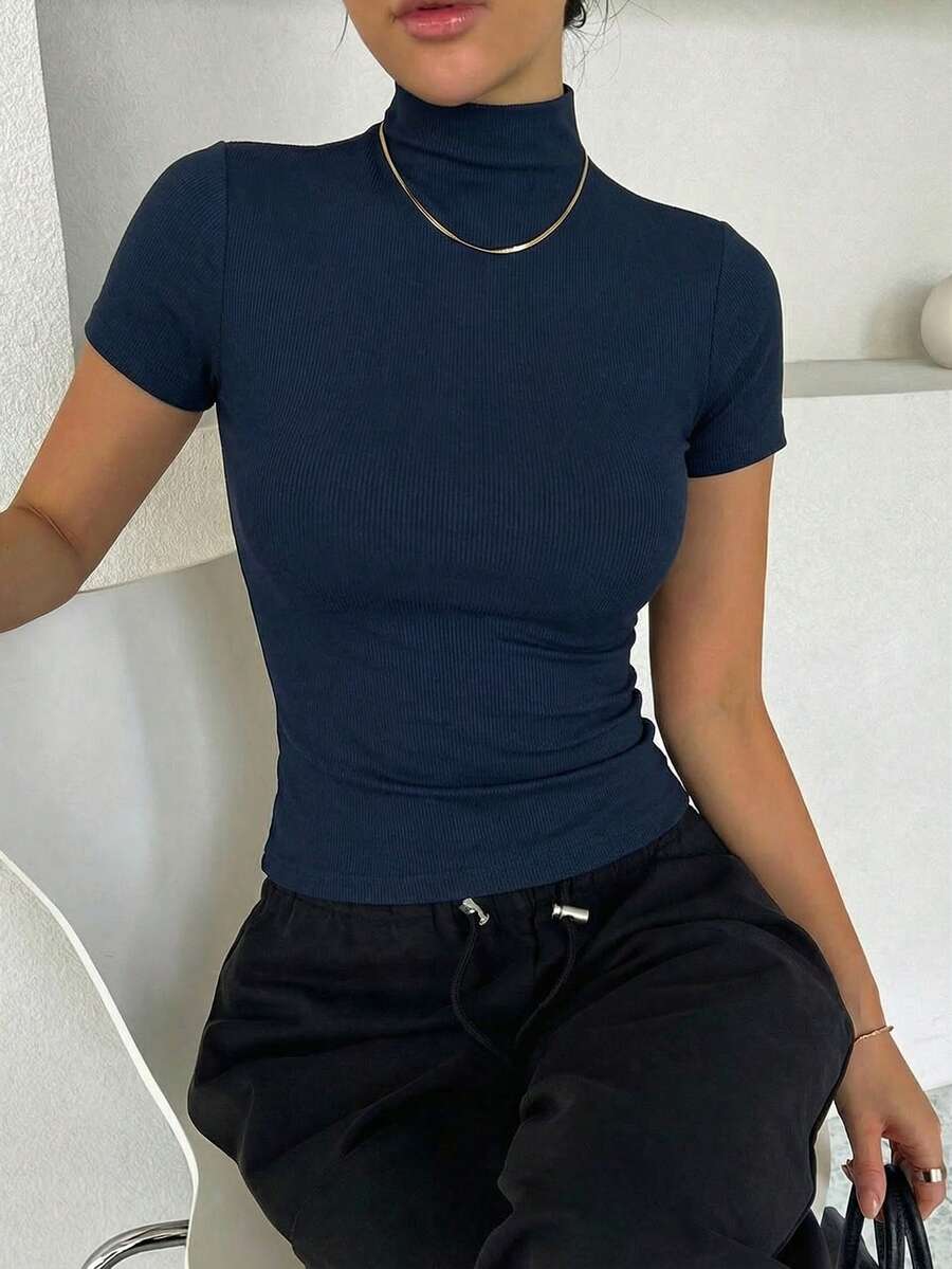 DAZY Women's Solid Color Turtleneck Fitted Undershirt - Navy Blue - View 1