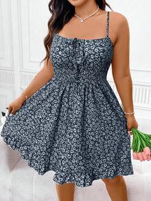 Elenzga Plus Ditsy Floral Print Tie Front Ruffle Hem Cami Dress Vacation Beach Outfits Women - Navy Blue - View 5