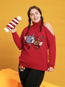 TOM & JERRY X SHEIN พลัส สเวตเตอร์ รูปแบบ การ์ตูน ปลอกคอสูง ไหล่ตก - สีแดง - ดู 4