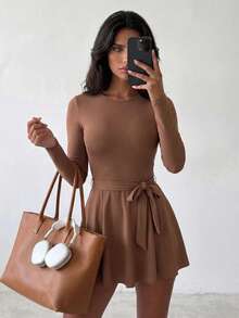 Dewbera Dewbera 1pc Solid Color Backless Cutout Shorts Skirt Design Women's Sports Dress - Brown - View 2