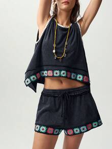Bohemela Casual Boho Solid Color Knit Loose Washed Tank Top Shorts Women 2 Pieces Set Vacation Dark Grey Summer - Black - View 8