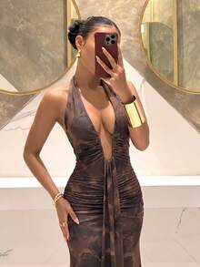 Slaydiva New Summer/Fall Women's Halter Neck Backless Ruched Deep V-Neck Mermaid Dress/Elegant/Party/Festival/Vacation/Concert/Rave/Wedding Guest/Brown Floral - Rust Brown - View 6