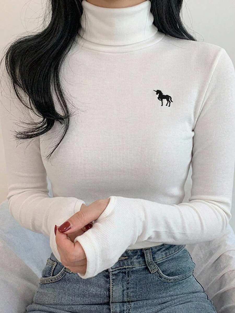 DAZY Women's High Neck Embroidered Fitted Base Layer T-Shirt - White - View 1