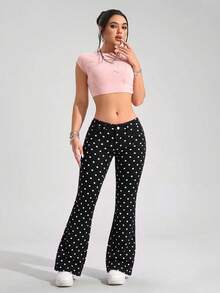 SHEIN PETITE 女款波點鈕扣休閒百搭日常穿著牛仔褲 - 黑色 - 查看 5