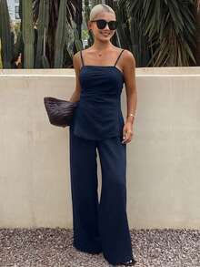 DAZY Women's Solid Color Pleated Camisole Top And Wide Leg Pants Casual Daily 2 Pieces Set Summer Vacation - Navy Blue - View 7