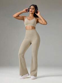 OutZeal Slim Fit High Waist Extra Long Floor Length Flare Leggings - Khaki - View 7