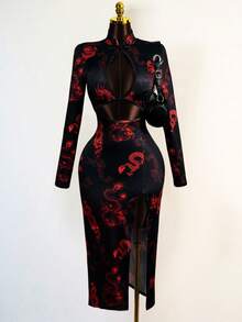 Mistrie Sexy Women's Hollow Front Stand Collar Button Faux Cheongsam High Slit Maxi Dress - Red and Black - View 1