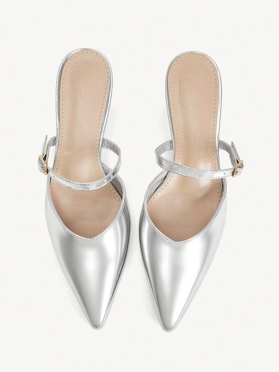 CUCCOO CHICEST Shiny Silver Pointed Toe Closed-Toe Half-Slip Women's Chunky Heel Mule Shoes, Elegant Slouchy Loafers For Dating, Party And Outdoor Wear