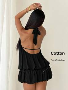 SHEIN PETITE Summer Elegant Sexy Backless Halter Neck Mini Dress Party Club Black - Black - View 10