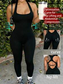 BamGleam Women's Plus Size Solid Color Minimalist Versatile Sports Jumpsuit Long Pants For Running And Yoga - Black - View 1
