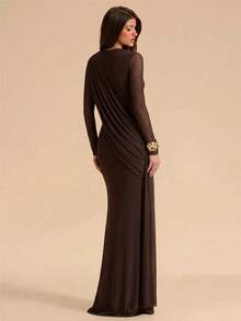 SHEIN BAE Women's Elegant Sexy Solid Color Ruched Mermaid Dress - Brown - View 2