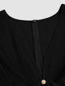 Sweetra Plus Size Deep V-Neck Pleated Short Sleeve Jumpsuit With Faux Pearl Buttons, Straight Leg Pants, Elegant Traditional Retro French Style, Black Summer - Black - View 10