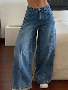 DAZY Celana Jeans Denim Kasual Wanita Model Regular Pinggang Tengah dengan Desain Belahan dan Potongan Kaki Melengkung untuk Musim Gugur - Dark Wash - View 2