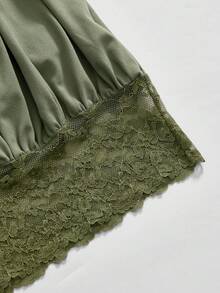 ROMWE Avant Vintage Halter Neck Backless Contrast Lace Ruffled Loose Fit Sexy Tank Top For Women - Army Green - View 3