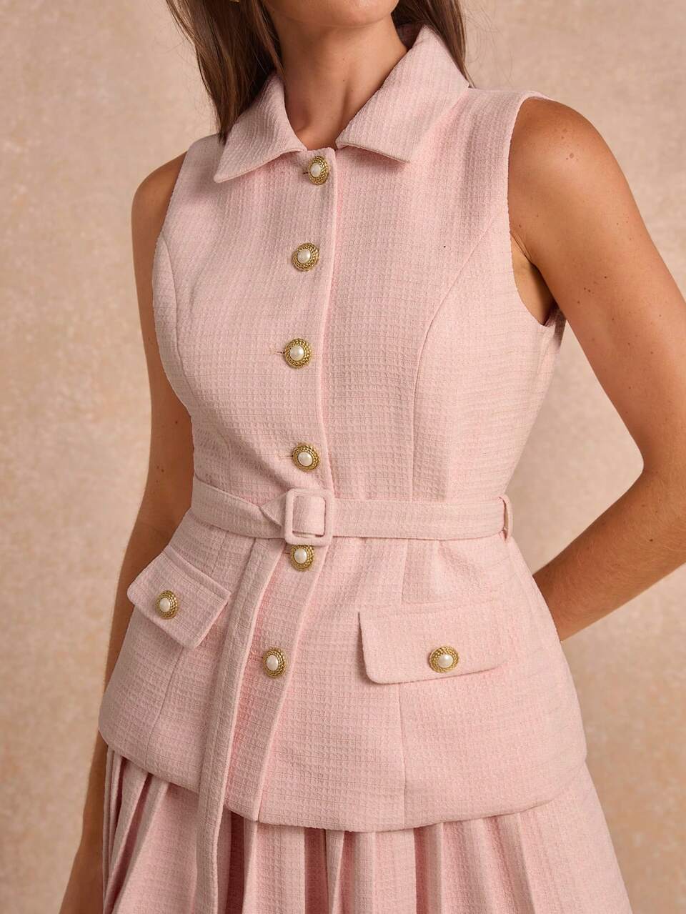 Enchnt Premium Pre-Fall Romantic Women's Elegant Pink Vest And Pleated Skirt Tweed Slimming 2pcs/Set,Back To School,Casual Sets For Women,Work Outfits
