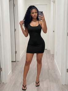 BamGleam Seamless Knit Sexy Basic Backless Halter Neck Mini Dress Night Out Club Black Summer - Black - View 8