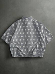 HIMLAND 男士雛菊圖案短袖鈕扣襯衫 - 藍色 - View 7