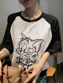 TOM AND JERRY X DAZY Women's Round Neck Cartoon Girl Casual T-Shirt - Black - View 3