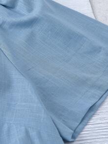 Linhara CURVE 女款大尺碼牛仔紋理布料V領短袖休閒正裝襯衫，外出上衣，度假夜店風 - 藍色 - 查看 7